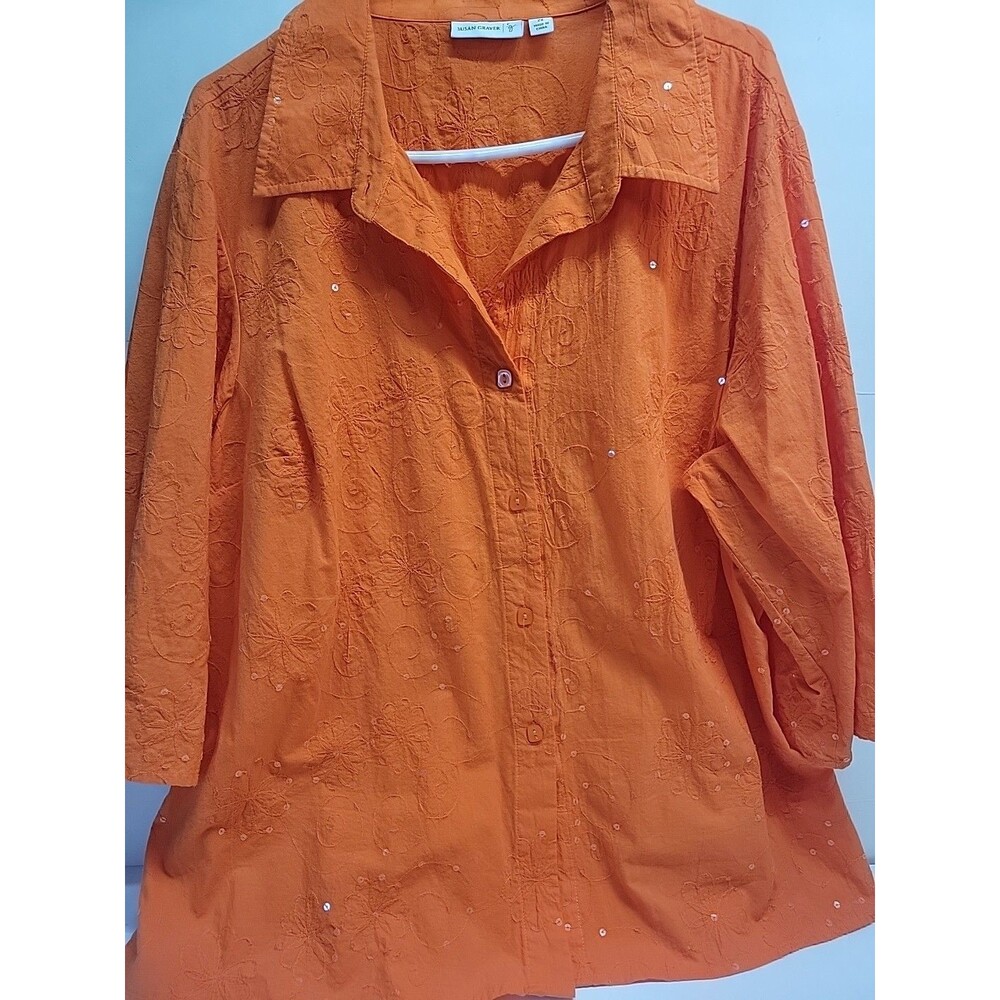 Susan‎ Graver Women Orange 2X Top Button Down Top 3/4 Sleeve